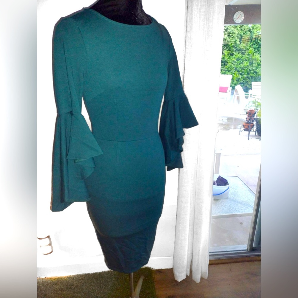 NWT Vfshow Bell Ruffle Sleeve Bodycon Midi Dress Dark Green Blue XS - Picture 2 of 11